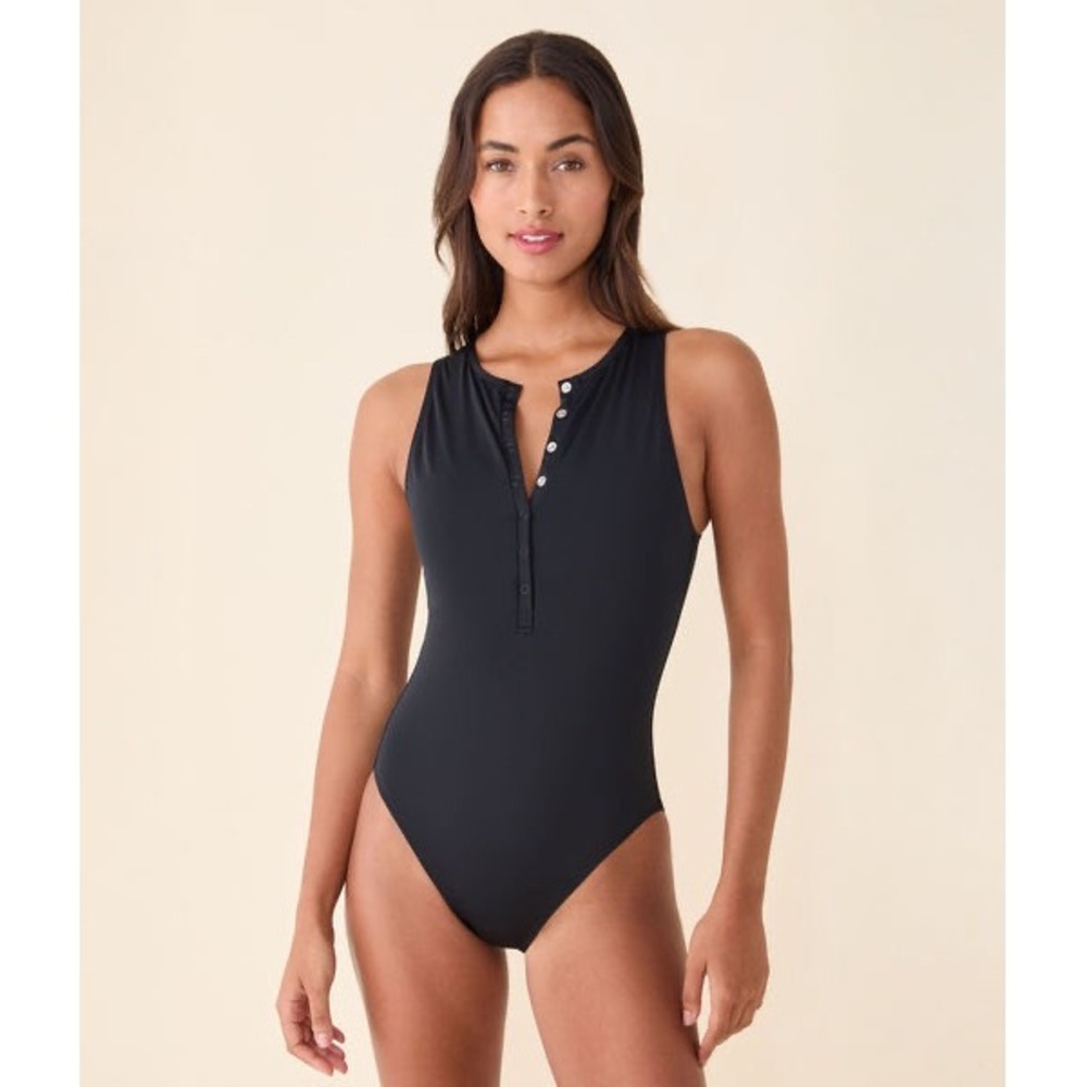 Andie Black Ribbed Henley One Piece Swimsuit XXXLT Tall Plus Size Snap Front